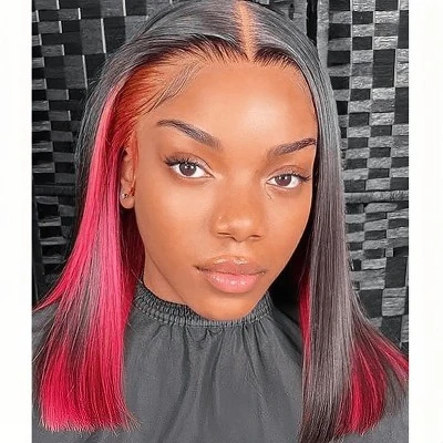 Labhairs 13x4 Transparent Lace Front Wig, Human Hair Straight Bob, Blunt Cut With Black Red Highlights, 150% Density, Glueless, Pre-Plucked Knots 7 Labhairs 13x4 Transparent Lace Front Wig, Human Hair Straight Bob, Blunt Cut With Black Red Highlights, 150% Density, Glueless, Pre-Plucked Knots - Image 5