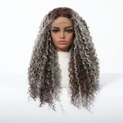 Jessie's Wig 22 Inch Water Wave Wig Synthetic Hair 13x3.5 Lace Wigs Dark Roots Dark Brown Color With Grey 1 Pc/Pack