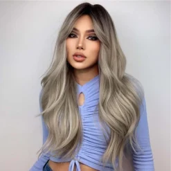 Jessie's Wig 26 Inch Wavy Hair With Curtain Bangs Synthetic Hair Ombre Ash Blonde With Dark Brown Color 1 Pc/Pack