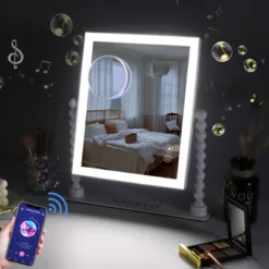 VANITII 12''x14'' Vanity Makeup Mirror With Lights Bluetooth Round Pillar Metal Tabletop White -Glow Up Beauty Store GUEST 39a00f16 bc62 4fe5 ace7 a1399d75015a