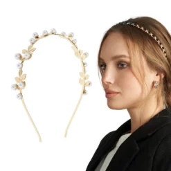 Unique Bargains Women's Cute Pearl Leaf Headbands Gold Tone 1 Pc