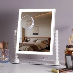 VANITII 12''x14'' Vanity Makeup Mirror With Lights Bluetooth Round Pillar Metal Tabletop White -Glow Up Beauty Store GUEST 5e53cb8a be12 479a bb36 0090ca40e3b8