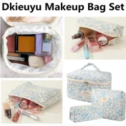 Narwey 3Pcs Cotton Quilted Makeup Bag Set, Cute Floral Makeup Bags