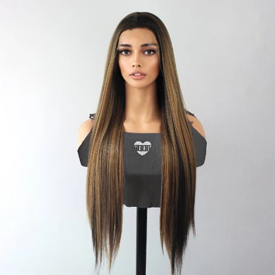 Jessie's Wig 30 Inch Straight Wig Synthetic Hair 13x3.5 Lace Wigs Brown Color With Honey Blonde Highlights 1 Pc/Pack 3 Jessie's Wig 30 Inch Straight Wig Synthetic Hair 13x3.5 Lace Wigs Brown Color With Honey Blonde Highlights 1 Pc/Pack