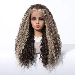 Jessie's Wig 22 Inch Curly 13*3.5 Synthetic Lace Wigs Brown Skunk Stripe With Blonde 1 Pc/Pack