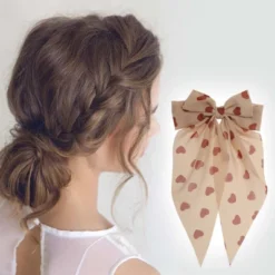 Unique Bargains Cute Heart Shaped Printed Bow Ribbon Spring Hair Clips 1 Pc