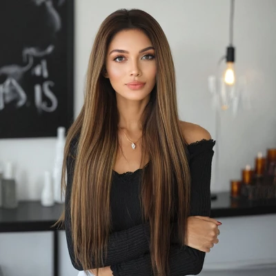 Jessie's Wig 30 Inch Straight Wig Synthetic Hair 13x3.5 Lace Wigs Brown Color With Honey Blonde Highlights 1 Pc/Pack 6 Jessie's Wig 30 Inch Straight Wig Synthetic Hair 13x3.5 Lace Wigs Brown Color With Honey Blonde Highlights 1 Pc/Pack - Image 4