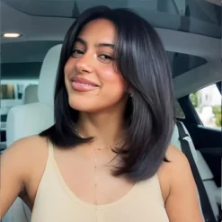 Jessie's Wig 12 Inch Curtain Bangs Straight Bob Layered Wig 7x5 Pre Cut Lace Natural Color 1 Pc/Pack