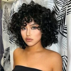 Jessie's Wig 10 Inch Bouncy Curls Bangs With Wig Short Synthetic Hair Natural Black Color 1 Pc/Pack