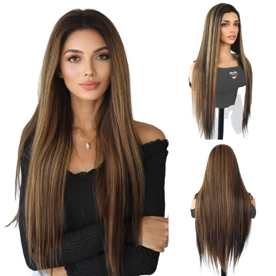 Jessie's Wig 30 Inch Straight Wig Synthetic Hair 13x3.5 Lace Wigs Brown Color With Honey Blonde Highlights 1 Pc/Pack 11 Jessie's Wig 30 Inch Straight Wig Synthetic Hair 13x3.5 Lace Wigs Brown Color With Honey Blonde Highlights 1 Pc/Pack - Image 9